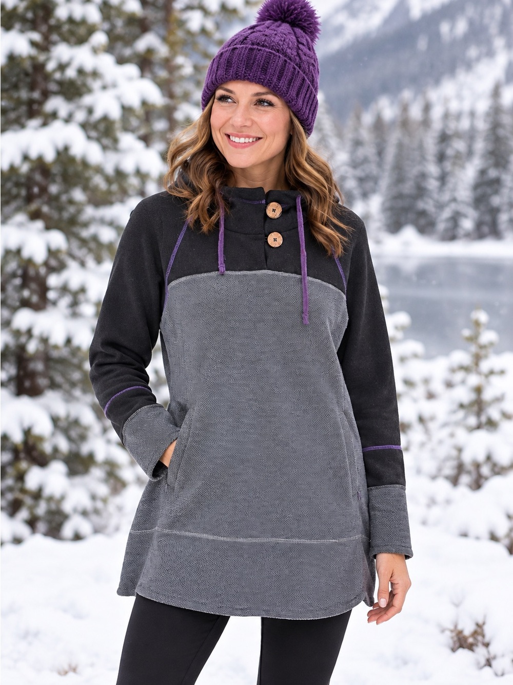 Prana Two-Tone Gray Black qPullover Fleece Hoodie Oversized Tunic Dress Size XL
